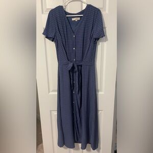 LOFT Dark Blue Button-Front Tie-Waist Midi Dress